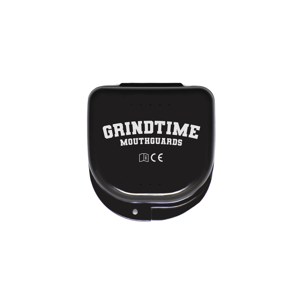 GT Aufbewahrungsbox Schwarz für Mundschutz, mit GrindTime Mouthguards Logo, von oben fotografiert