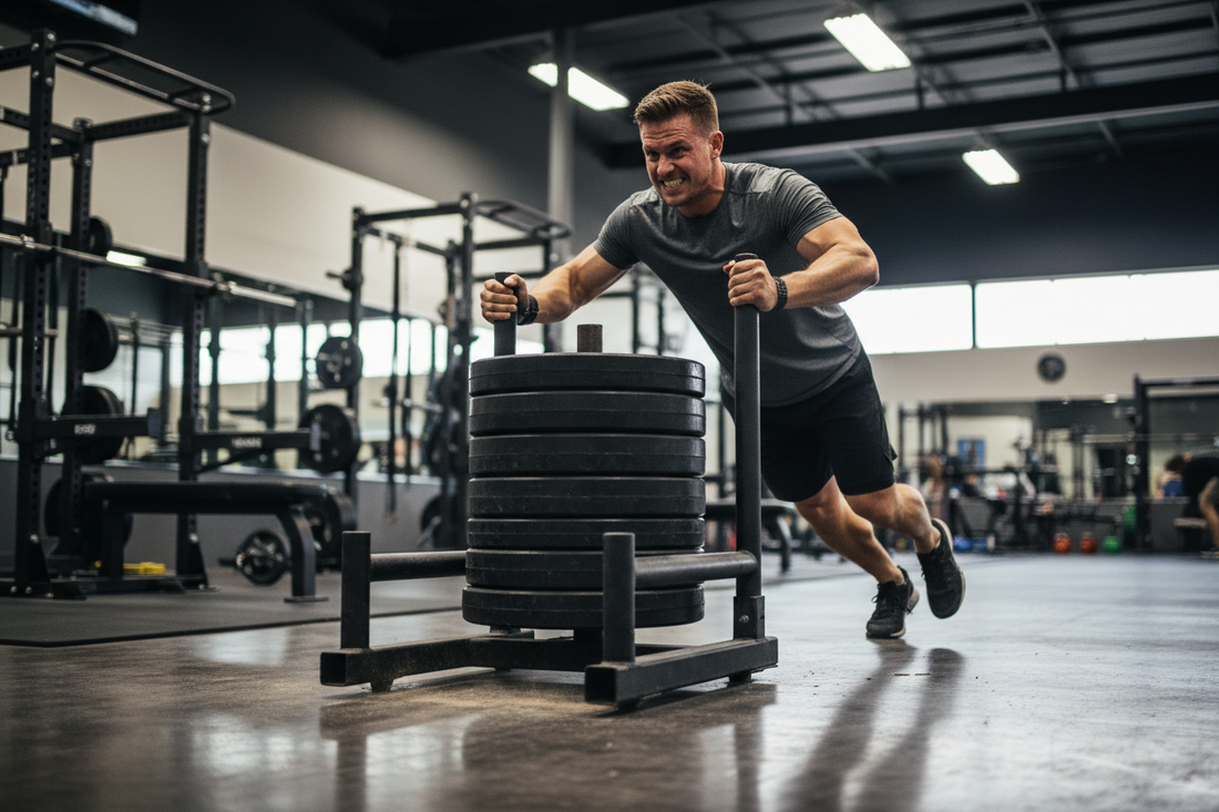 Athlet schiebt Schlitten mit Gewichtsscheiben im Gym