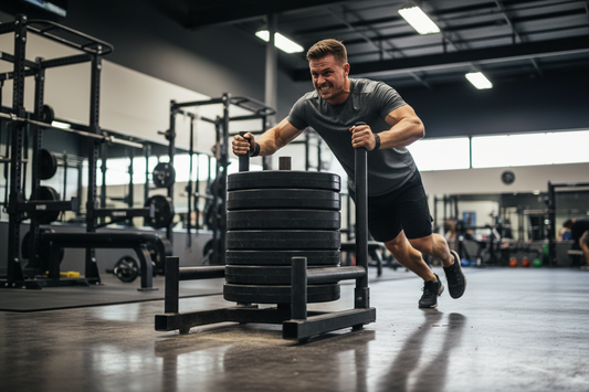 Athlet schiebt Schlitten mit Gewichtsscheiben im Gym