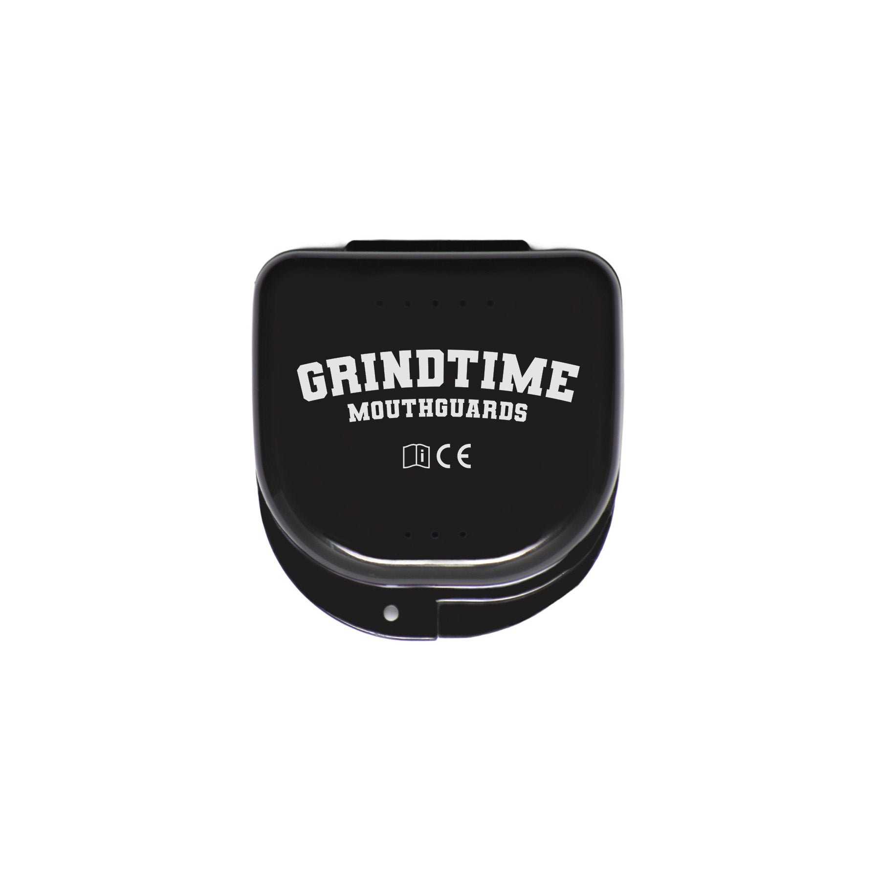 GT Aufbewahrungsbox Schwarz für Mundschutz, mit GrindTime Mouthguards Logo, von oben fotografiert